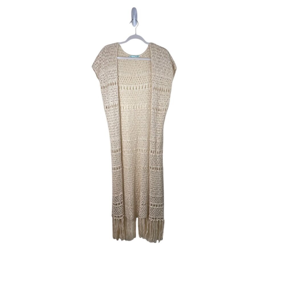 Boho Cottagecore Crochet Duster Long Cream Cotton L/XL Festival
